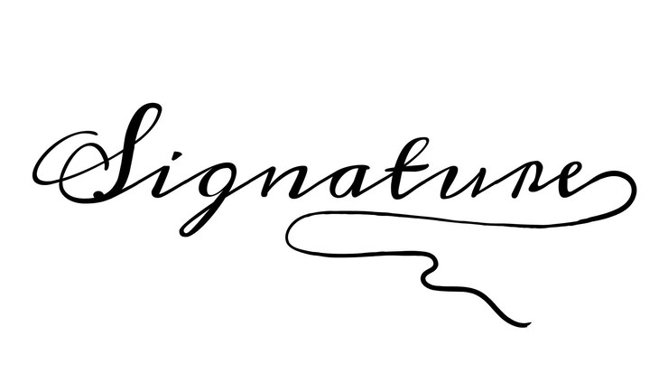 Vector firma manuscrita dibujada con tinta negra aislada en una plantilla de caligrafía blanca