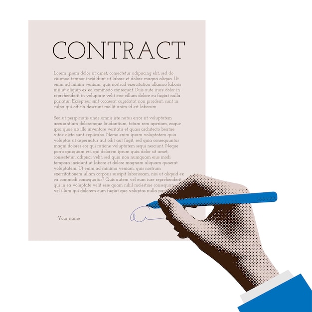 Firmar el concepto del contrato rellenar un contrato collage de medio tono escritura de la mano de la mujer con un bolígrafo