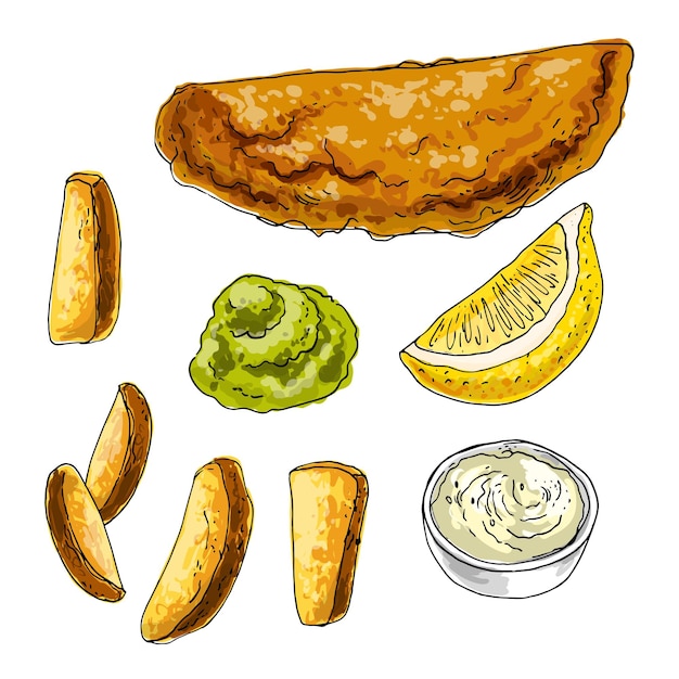 Vector fish and chips, comida inglesa. pescado frito, patatas, guisantes. bosquejo de color vectorial de alimentos