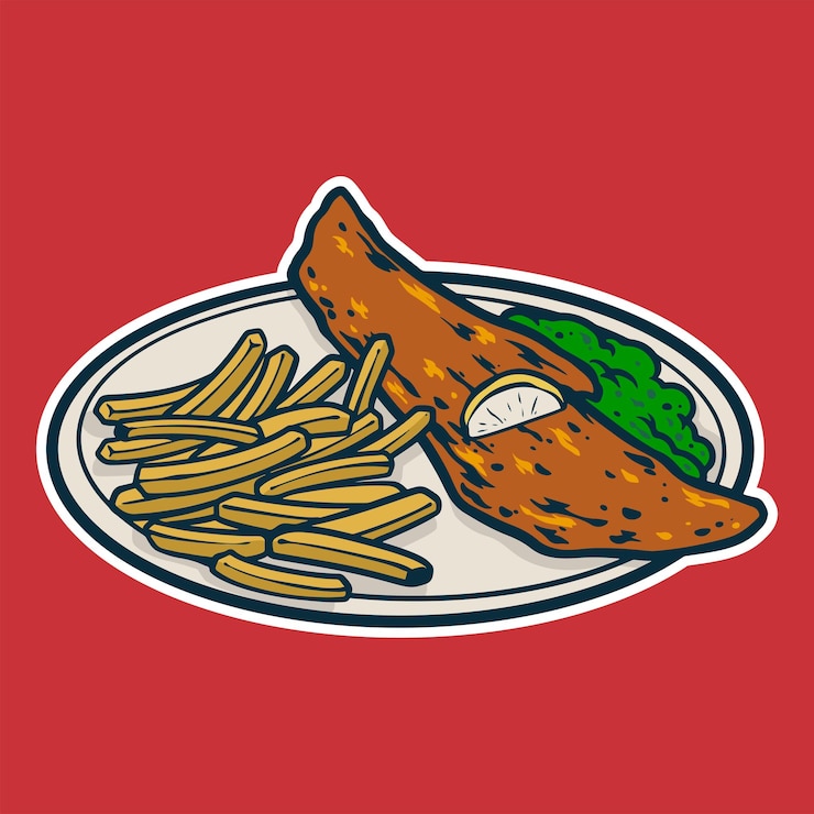 Vector fish and chips estilo de dibujos animados colorido vector ilustración icono de mariscos concepto aislado