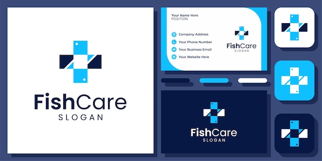 Fish Medical Sign Cross Plus Animal Healthcare Clinic Pet Vector Logo Design con tarjeta de visita