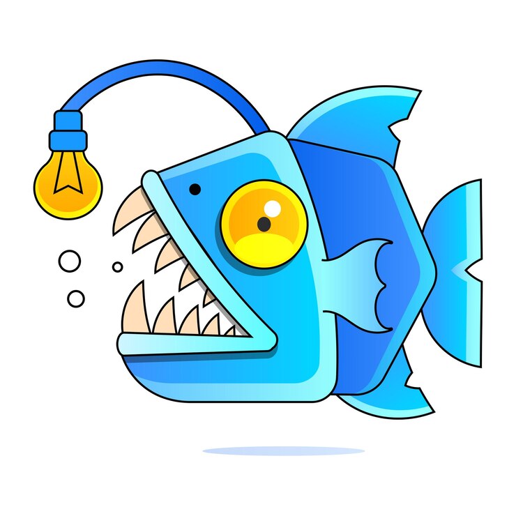 Vector fish un pescador muestra sus afilados colmillos. pescado de dibujos animados aislado en un fondo. ilustración vectorial.
