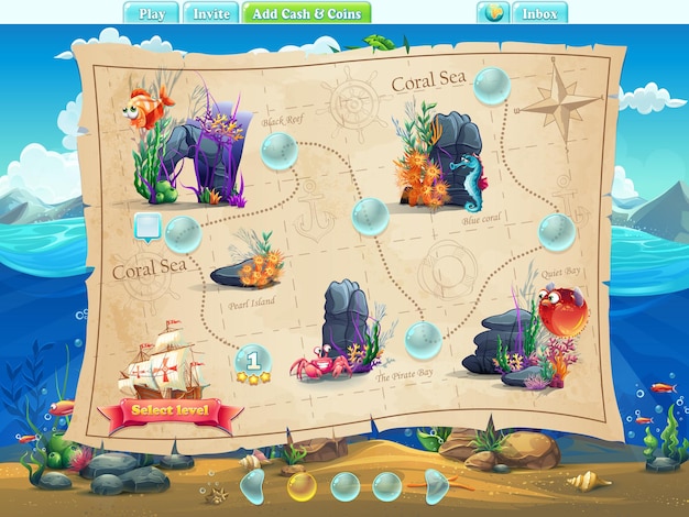 Fish world: niveles de pantalla de ejemplo, interfaz de juego con barra de progreso, objetos, botones