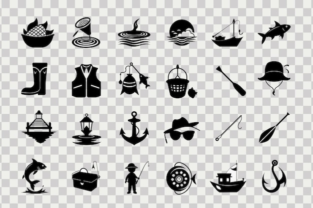 fishing and boating silhouette icon set vector black symbols for outdoor and marine design