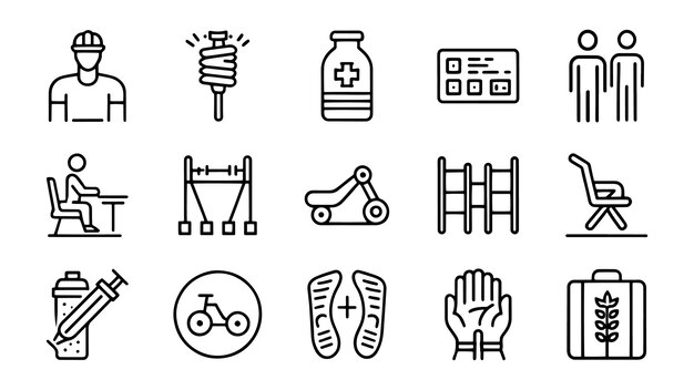 Fisioterapia rehabilitación prótesis editable icono de contorno de golpe conjunto ilustración vectorial plana en fondo blanco