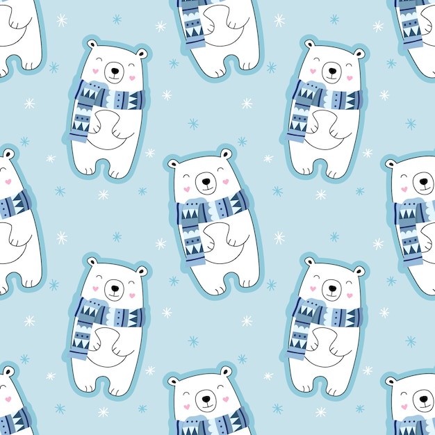 Sin fisuras patrón lindo, oso polar, nieve, copos de nieve, oso en una bufanda, invierno.