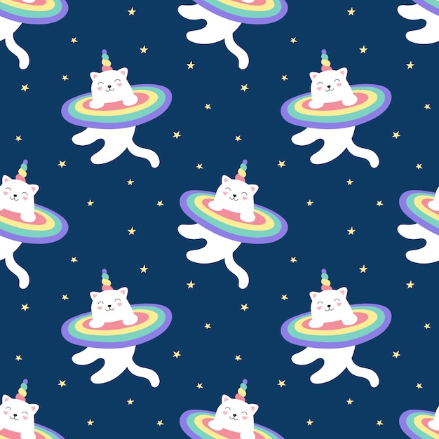 Sin fisuras patrón mágico gatito unicornio, arco iris, cielo estrellado. Un lindo gato blanco vuela en el espacio. Ilustración para niños. Imprimir para envolver, tela, textil, papel tapiz.