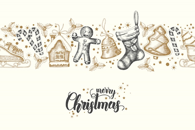 Sin fisuras patrón de moda con objetos de Navidad negro dorado dibujado a mano feliz Navidad y feliz año nuevo. Sketch.Lettering.Background se puede utilizar para fondos de escritorio, web, pancartas, textiles,