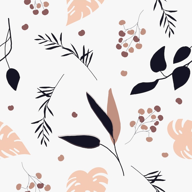 Sin fisuras patrón natural abstracto plantas y hojas sobre un fondo blanco Dibujo a mano