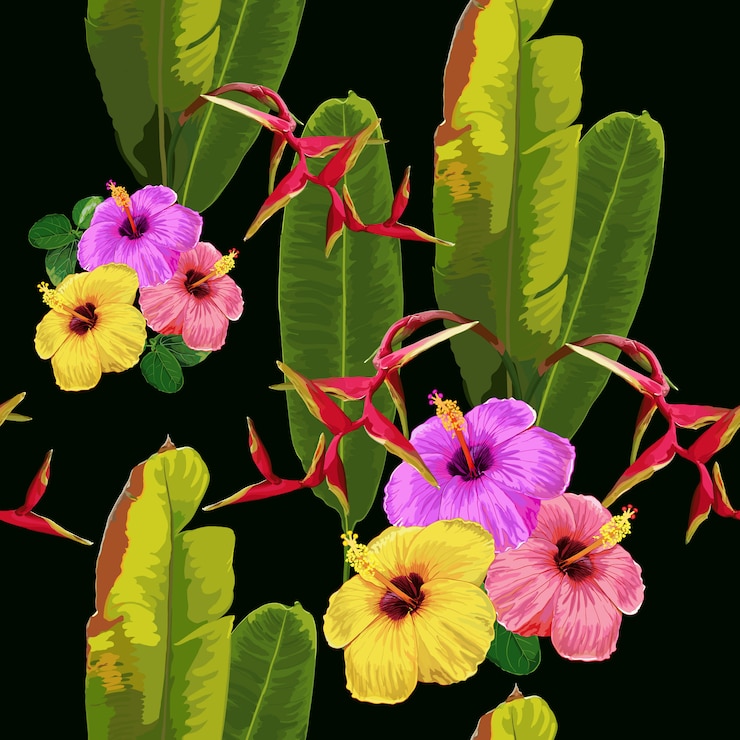 Vector sin fisuras patrón tropical con hibiscus y fondo de flores de heliconia rojo