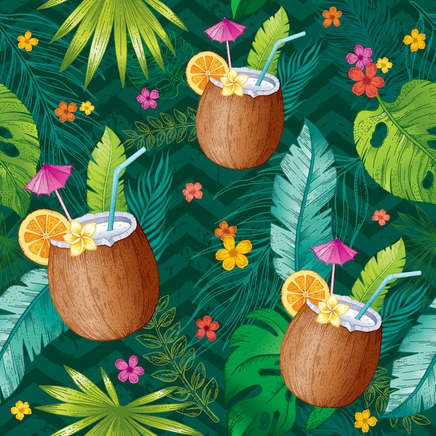 Sin fisuras patrón tropical con hojas de bosquejo, cócteles de coco, flores. Fondo de papel tapiz de moda.