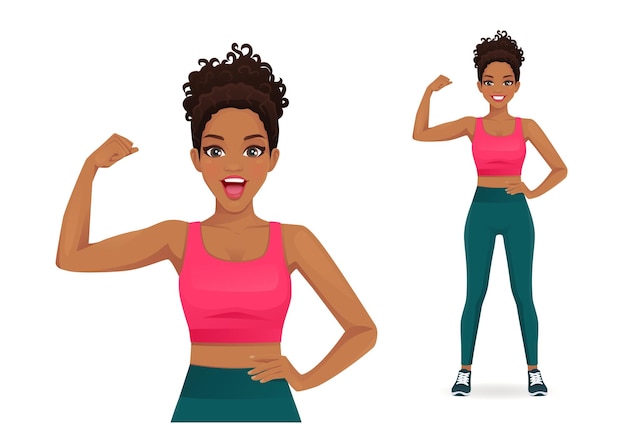 Fitness africano deportivo mujer sorprendida mostrando bíceps en su brazo aislado ilustración vectorial