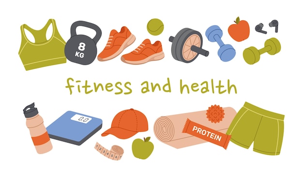 Fitness and health horizontal banner with composition of sports equipment Healthy lifestyle elements