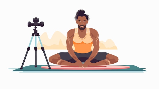 Fitness Blogger grabando un video de yoga en línea en Mat