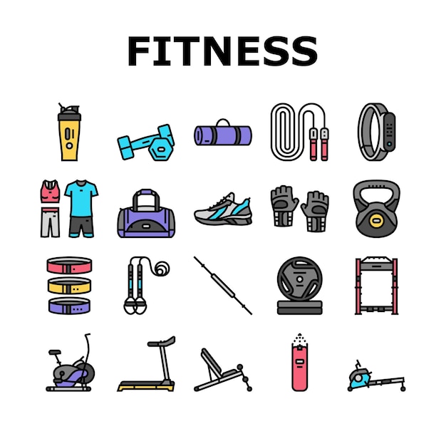 Fitness deporte gimnasio saludable iconos conjunto vector