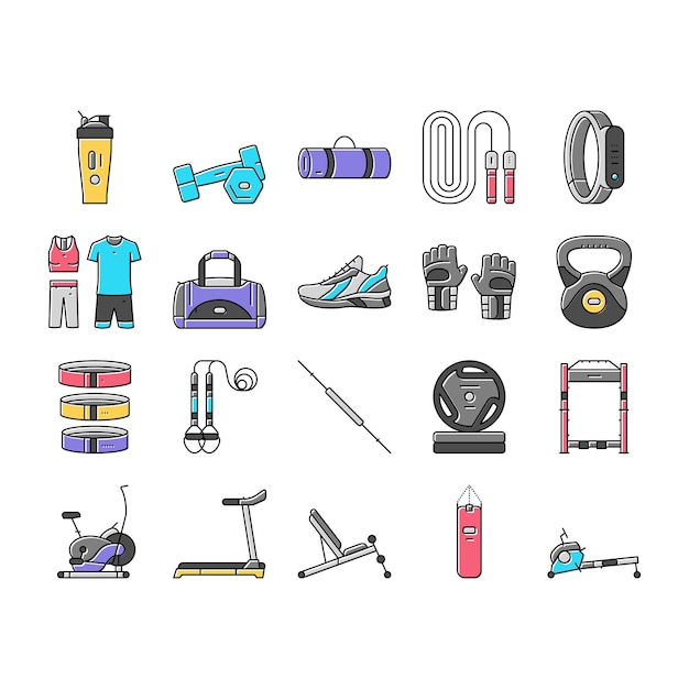 Fitness deporte gimnasio saludable iconos conjunto vector