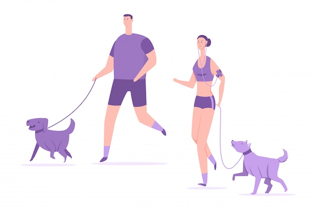 Fitness y deportes con perros. pareja joven correr con mascotas vector ilustración plana de dibujos animados aislado