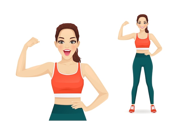 Fitness deportivo mujer sorprendida mostrando bíceps en su brazo ilustración vectorial aislada