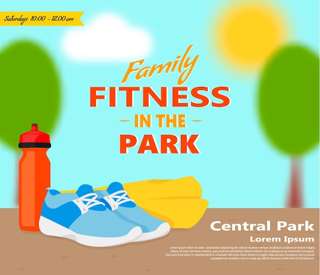 Vector fitness familiar en el cartel publicitario del parque o plantilla de volante con zapatillas y una toalla