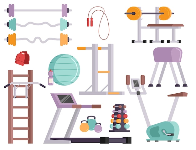 Fitness gym club vector iconos atletismo y actividad deportiva herramientas corporales bienestar equipo con mancuernas