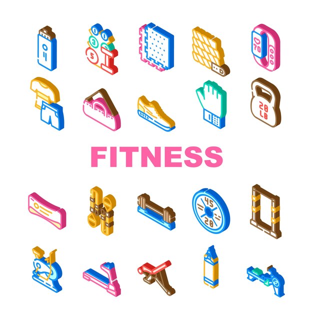 Fitness gym ejercicio iconos set vector dieta deporte peso salud saludable músculo alimentos nutrición corazón actividad fitness gimnasio ejercicio isométrico signo ilustraciones