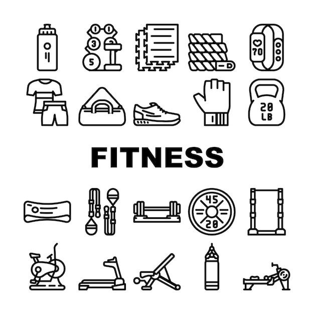 Fitness gym ejercicio iconos set vector dieta deporte peso salud saludable músculo alimentos nutrición corazón actividad fitness gimnasio ejercicio negro contorno ilustraciones