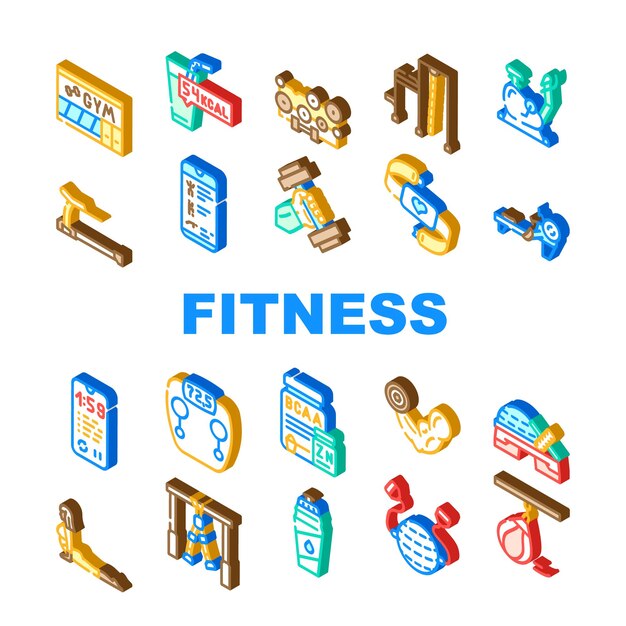 Fitness Gym Sportive Equipment Icons Set Vector Atleta Fitness Ejercicio en máquina de remo y bicicleta Nutrición para músculo Agua Bebida Botella Escala Aplicación de teléfono Signo isométrico Ilustraciones en color