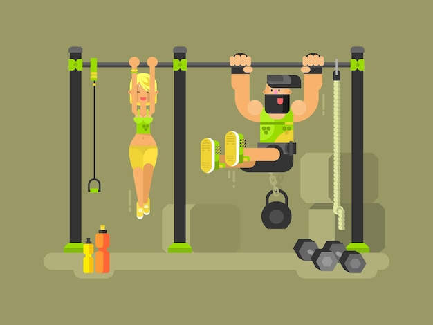 Fitness hombre y mujer. entrenamiento deportivo, entrenamiento de ejercicios, ilustración de gimnasio.