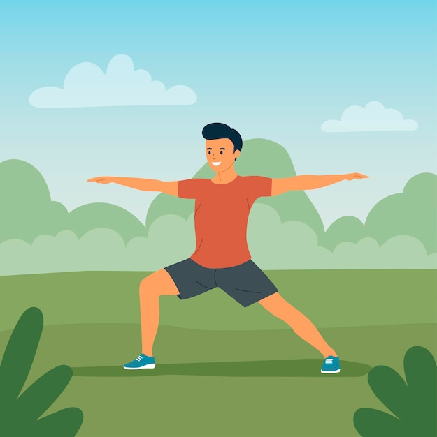 Fitness joven en pose de yoga en el parque Vector ilustración de estilo plano de dibujos animados