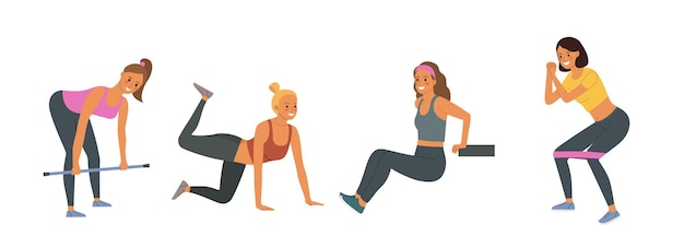 Fitness mujeres jóvenes haciendo ejercicios para glúteos y piernas ... Ilustración de estilo plano de dibujos animados de vector