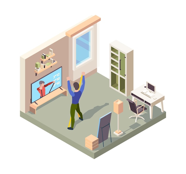 Fitness online. Personas de pie solas en la habitación de casa en pose activa haciendo isométrico vector de entrenamiento de entrenamiento de ejercicio deportivo. Ejercicio de entrenamiento físico de ilustración, deporte activo en línea, entrenamiento de actividades