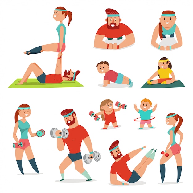 Fitness pareja hombre y mujer haciendo ejercicio. Ilustración de dibujos animados de vector de entrenamiento familiar aislado. Conjunto de estilo de vida saludable.
