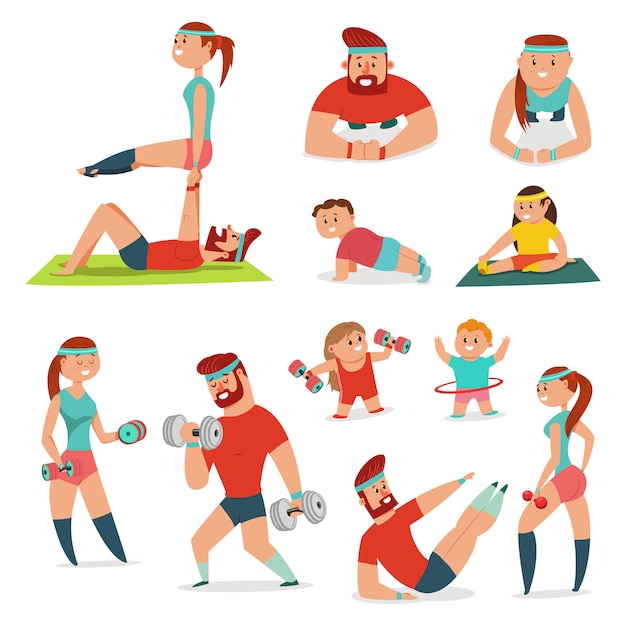 Fitness pareja hombre y mujer haciendo ejercicio. ilustración de dibujos animados de vector de entrenamiento familiar aislado. conjunto de estilo de vida saludable.