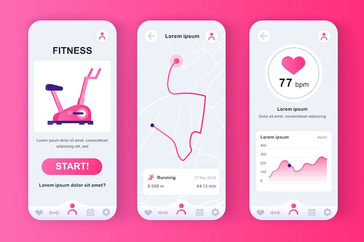 Vector fitness rosa único kit rosa neomórfico para aplicación móvil. rastreador de ejercicios con planificador de ruta y monitor de frecuencia cardíaca. sport ui, conjunto de plantillas ux. gui para aplicaciones móviles receptivas.