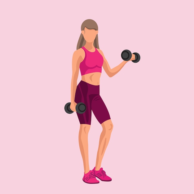 Vector fitness sin rostro mujer caucásica en ropa deportiva de pie y haciendo ejercicio con las pesas concepto de entrenamiento y entrenamiento deportivo ilustración vectorial