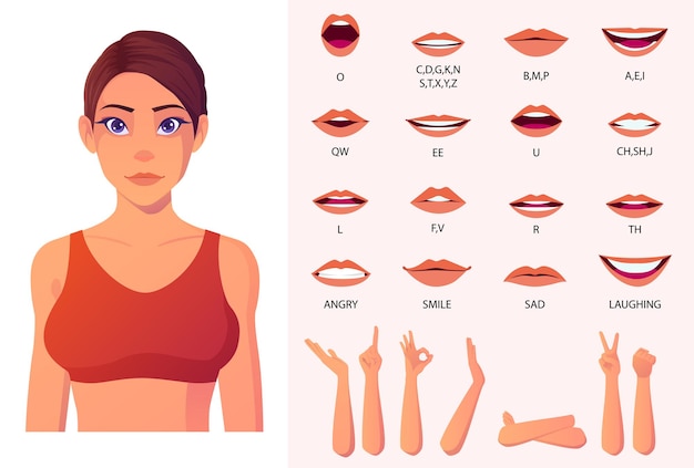 Fitness woman in yoga outfit character sincronización de labios, animación de boca y gestos con las manos