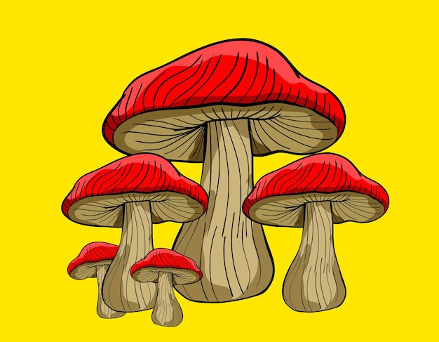 five red mushrooms growing together on yellow background