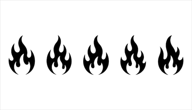 Flame Icon Vector Set Black Fire Diseño de símbolos de fuego para temas de quema caliente y calor