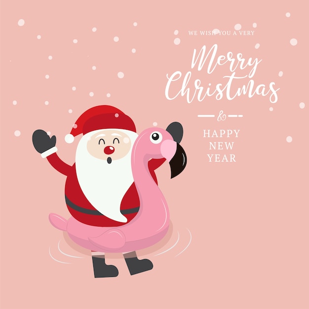 Flamenco del anillo de la natación con santa en fondo de la Navidad.