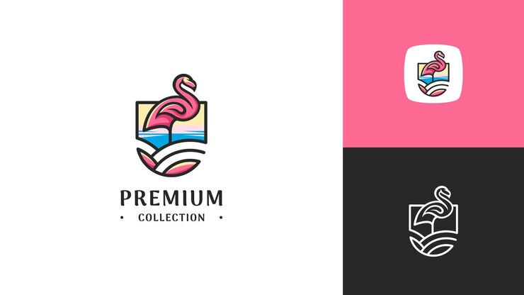Flamenco elegante de lujo premium en diseño de logotipo de playa exótica en vector