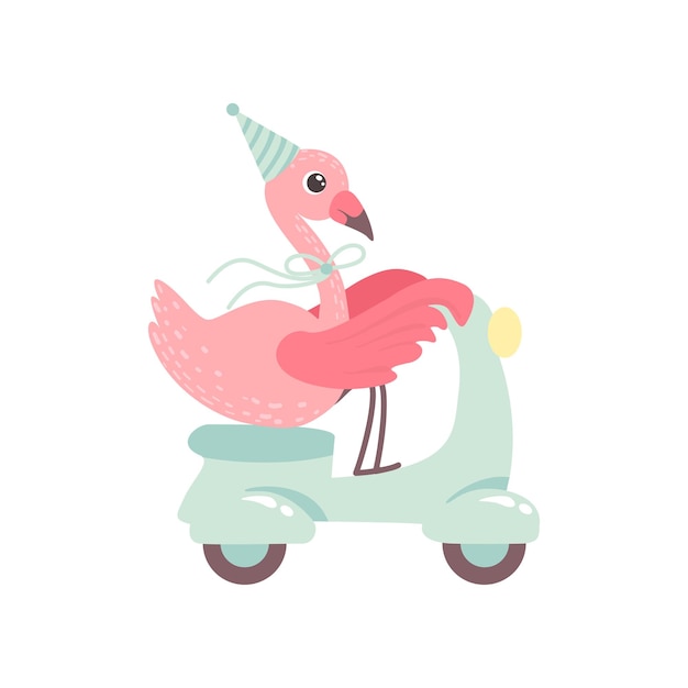 Un flamenco lindo montando un scooter con un sombrero de fiesta una hermosa ilustración vectorial de personaje de pájaro exótico