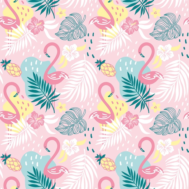 Flamenco rosado en bosque exótico Estampado de verano Vector de patrones sin fisuras