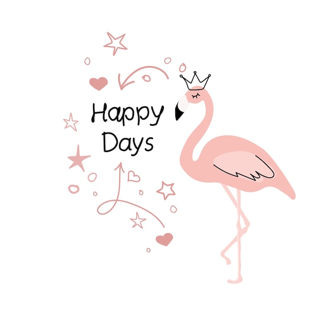 Flamenco rosado dibujado a mano aislado sobre fondo blanco Días felices Doodle Estilo escandinavo Dibujos animados
