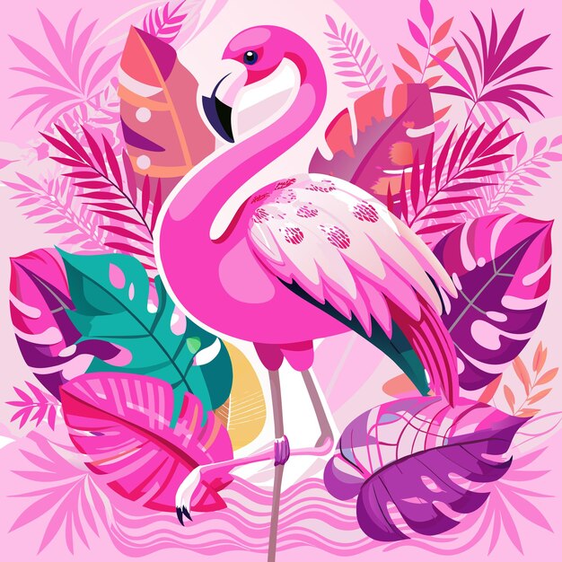 un flamenco rosado con flores y un fondo rosado con un flamingo rosado