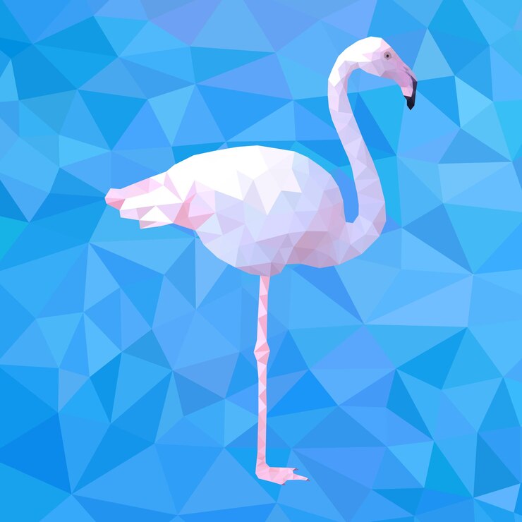 Vector flamenco rosado poligonal realista sobre un fondo de triángulos azules. 10 eps