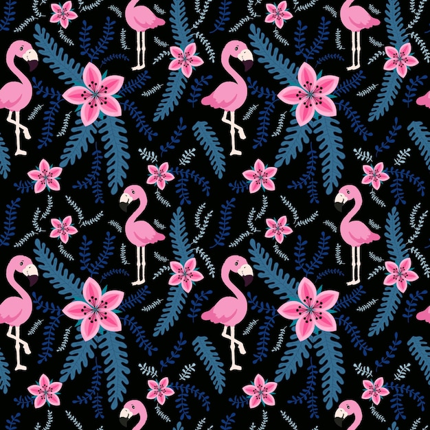 flamencos rosados en diferentes poses. fondo con aves exóticas, plantas tropicales, flores y hojas