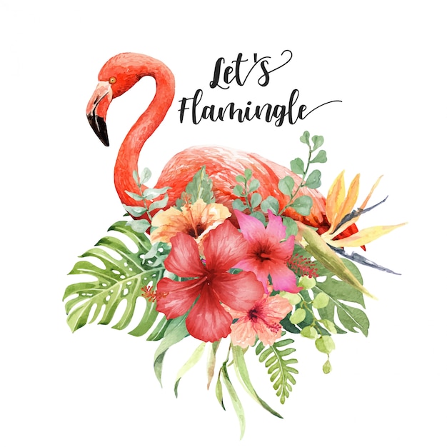 Flamingo Acuarela en Hisbiscus Bouquet