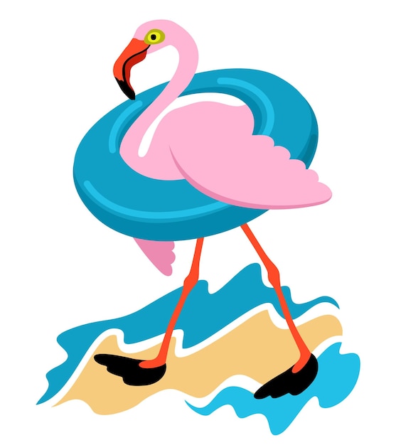 Flamingo con círculo de natación caminando por la playa. Concepto de verano. Ilustración aislada vectorial.