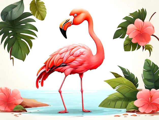 Flamingo en estilo de dibujos animados aislado sobre un fondo blanco