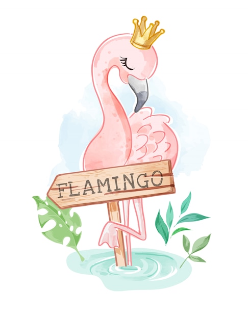 Vector flamingo en la ilustración de signo de corona y madera